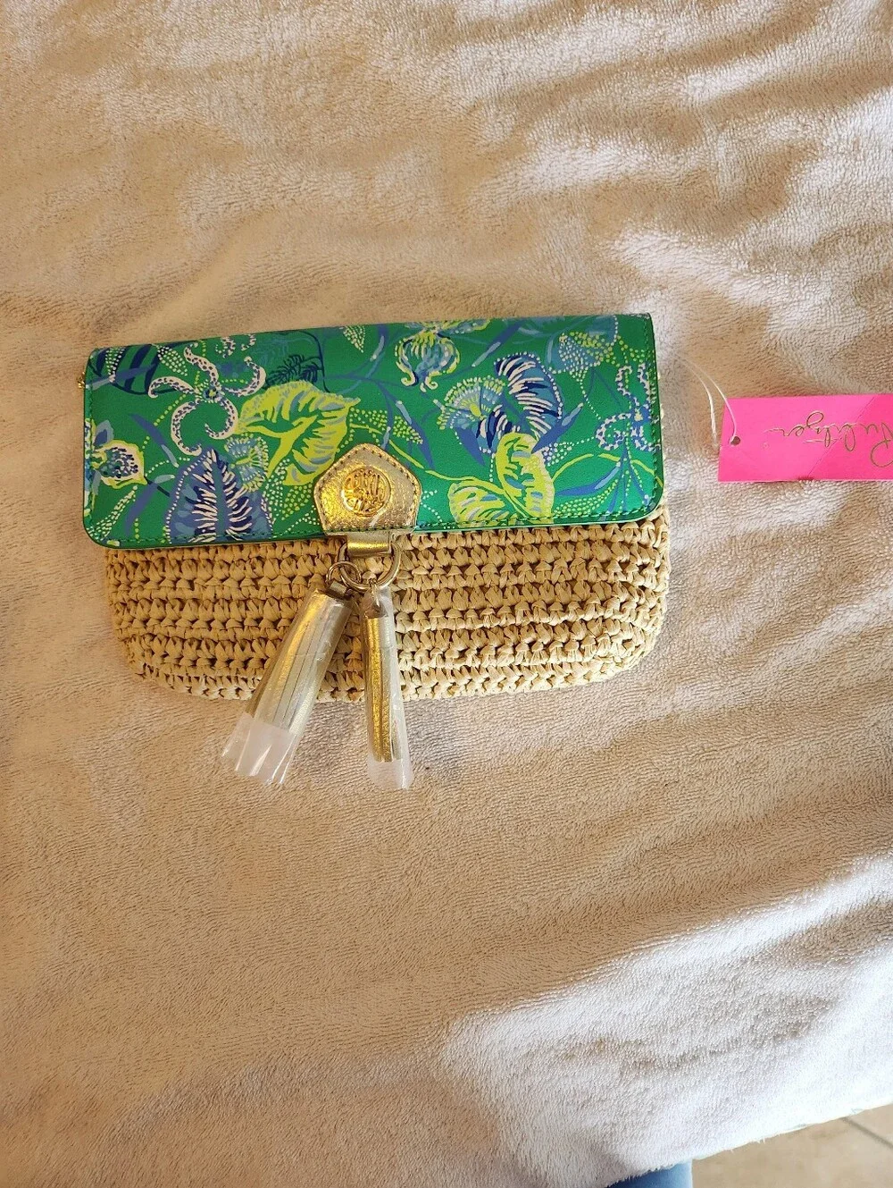 Green Floral-Trim Straw Clutch with Tassels